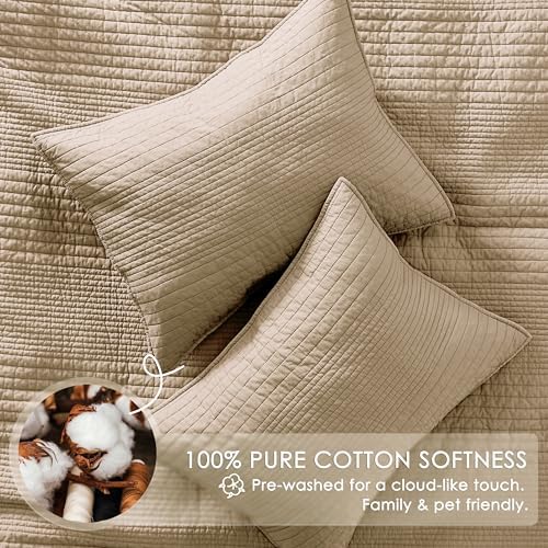 palassio Striped Dark Beige 100% Cotton Quilt Queen Size Bedding Sets, Lightweight Crinkly Channel Pick Stitch Textured Bedspread Soft Shabby Chic Farmhouse Country Coverlet for All Season, 2 Shams