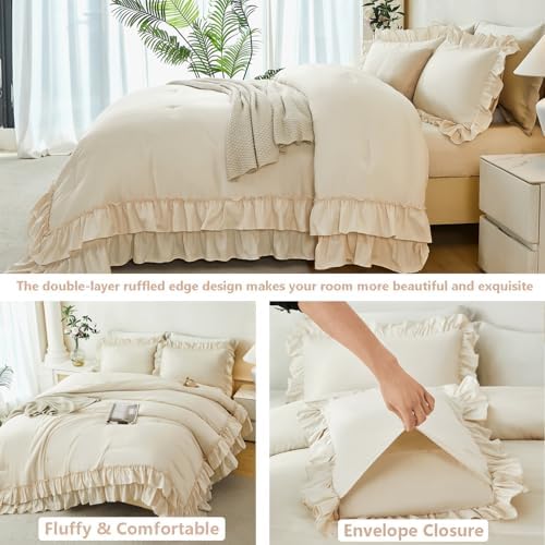 ANGIYUIN 5Pcs Beige Ruffled Comforter Set Queen Double-Layer Ruffle Bedding Comforter Set for Women Girls Fluffy Shabby Chic Bed in a Bag with Sheets(Beige Queen)