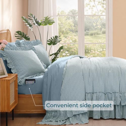 King Size Comforter Set Blue Gingham Ruffle 7 Pieces Farmhouse Bed in a Bag
