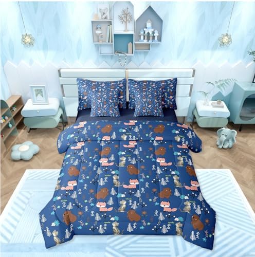 Erosebridal King Size Boys Blue Bear 7 Piece Kids Comforter Set Cartoon Animal Bedding Set for Child Nursery Fox and Cat Wild Animals Sheets Woodland Animals Quilt Wildlife Botanical Duvet Insert