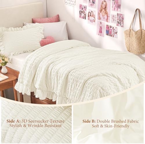 JOLLYVOGUE Ivory Twin/Twin XL Comforter Set, 2 Pieces Seersucker Lightweight Fluffy Bedding Set, Twin Ruffle Comforter, All Season Soft Microfiber Shabby Chic Bed Set