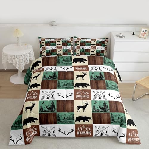 Hunting Bear Deer Bedding Set, Farmhouse Lodge Cabin Comforter Set Full Size for Kids Boys Teens Bedroom Decor, Rustic Woodland Moose Duvet Insert Western Country Patchwork Quilt with 2 Pillow Cases