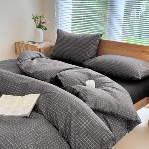 NSNLGSGC Gray Plaid Duvet Cover Set, Twin