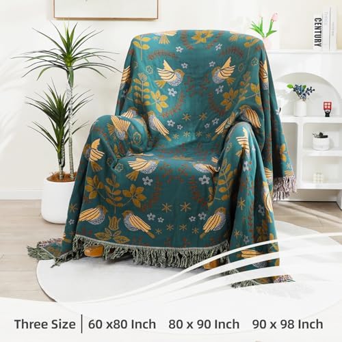 VANJOROY Boho Throw Blanket, 100% Organic Cotton Breathable Ultra Soft 50" x 60" Bed Quilt Throw - Floral Rustic Bird Farmhouse Decor Luxury Reversible Blanket for Sofa Couch Chair and Gift,Teal/Beige