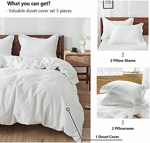Simple&Opulence 100% Washed Linen Duvet Cover Set 5pcs(1 Duvet Cover& 2 Shams& 2 Pillowcases) Basic Style Natural French Flax Soft Breathable Farmhouse Bedding (Queen, White)