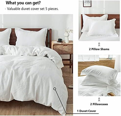 Simple&Opulence 100% Washed Linen Duvet Cover Set 5pcs(1 Duvet Cover& 2 Shams& 2 Pillowcases) Basic Style Natural French Flax Soft Breathable Farmhouse Bedding (Queen, White)