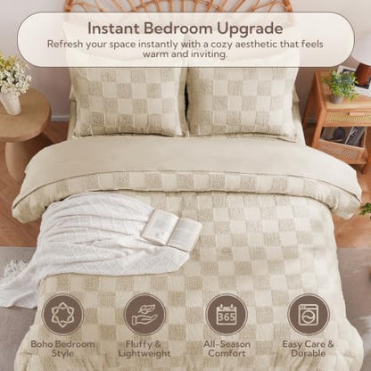 MR&HM King Size Comforter Set 7 Pieces, Checkered Boho Tufted Bed Set Linen