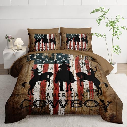 7Pcs Western Cowboy Comforter Set American Flag Printed Bedding Set with 1 Comforter, 1 Flat Sheet, 1 Fitted Sheet and 4 Pillowcases for Bedroom All Season(Cowboy Queen)