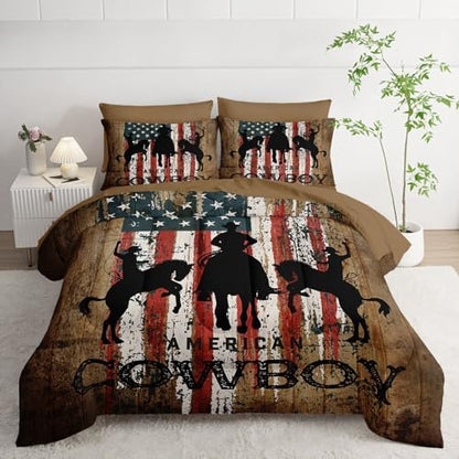 7Pcs Western Cowboy Comforter Set American Flag Printed Bedding Set with 1 Comforter, 1 Flat Sheet, 1 Fitted Sheet and 4 Pillowcases for Bedroom All Season(Cowboy Full)