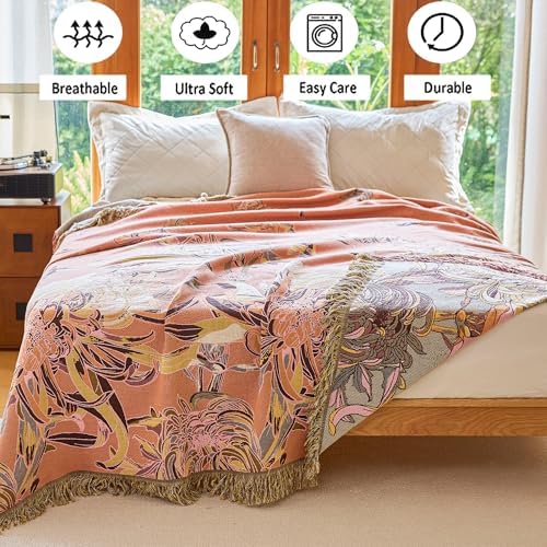 VANJOROY Boho Throw Blanket 80" x 90", 100% Organic Cotton Breathable Skin-Friendly Ultra Soft Bed Quilt Throw - Floral Rustic Decor Luxury Reversible Blanket for Sofa Couch Chair and Gift,