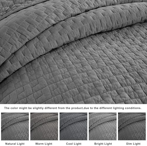 palassio Dark Grey 100% Cotton Quilt King Size Bedding Sets with 2 Pillow Shams, Textured Lightweight Soft Bedspread Shabby Chic Coverlet, Quilted Comforter Bed Cover for All Season, 3 Pieces