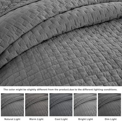 palassio Dark Grey 100% Cotton Quilt King Size Bedding Sets with 2 Pillow Shams, Textured Lightweight Soft Bedspread Shabby Chic Coverlet, Quilted Comforter Bed Cover for All Season, 3 Pieces