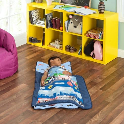 EVERYDAY KIDS Toddler Nap Mat with Removable Pillow -Fire Police Rescue- Carry Handle Fastening Straps Closure, Rollup Design, Soft Microfiber for Preschool, Daycare, Sleeping Bag -Ages 2-6 Years