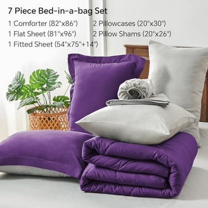 BEDELITE Full Comforter Set 7 Pieces, Reversible Purple Bed in A Bag