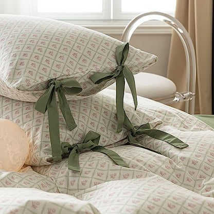 mixinni Red Floral Duvet Cover Set Queen Size - 100% Cotton Green Grid Bedding with Bow Ties, 3PC Cottagecore Comforter Cover (1 Duvet Cover + 2 Pillowcases) Vintage Garden Style Soft Aesthetic