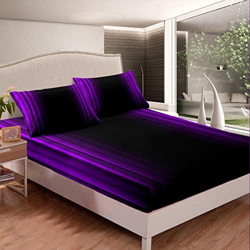 Feelyou Geometric Abstract Ombre Bed Sheets Kids Teens Purple and Black Striped Sheet Set Decor Modern Fashion Bed Set Bedroom Collection 4Pcs Full Size
