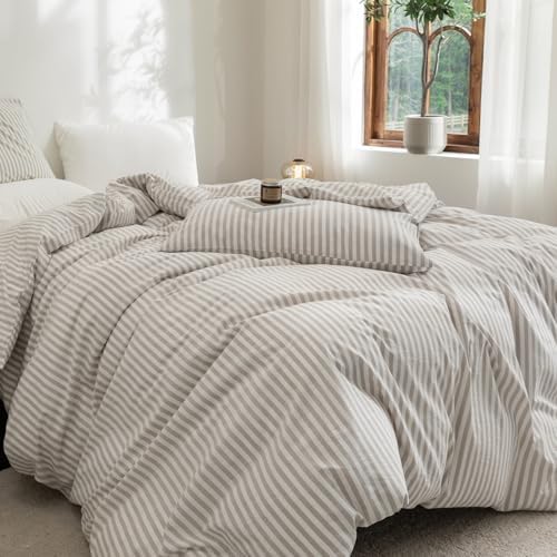 FOSSA Striped Duvet Cover Set 100% Washed Cotton Linen Feel Queen