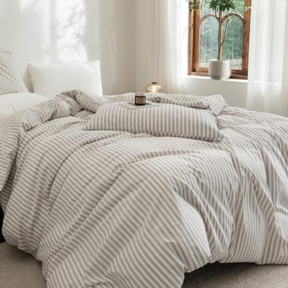 FOSSA Striped Duvet Cover Set 100% Washed Cotton Linen Feel Queen