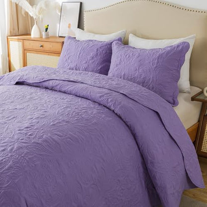 HoneiLife Queen Quilt Bedding Set - 3 Piece Microfiber Quilt Sets Lightweight Bedspreads Reversible Coverlets Rustic Bed Cover Floral Bedding Set All Season Quilts-Purple