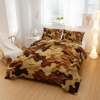 Nttopship Camouflage Bedding Set,Brown Camouflage Pattern Style Full Comforter Set for Adult Teens Camo Bed in A Bag 3 Pieces,Camo Pattern Room Decor with Comforter and 2 Pillow Case