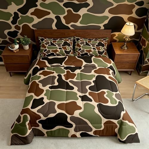 Feelyou Green Camo Kids Comforter Set Queen Size Camouflage Hunting Bedding Set Military Style Duvet Quilt for Kids Boys Girls Bedroom Army Green Decor Microfiber Ultra Soft Breathable