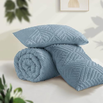 Andency Grayish Blue Super King Comforter, 3 Pieces Boho Bedding Set
