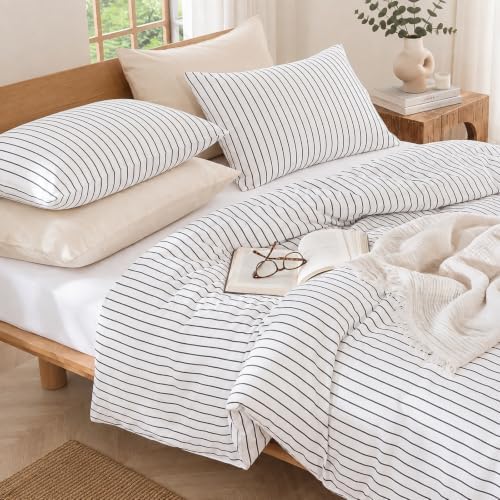 Bedbay Cotton Striped Duvet Cover Set King Size, Black White Stripe Bedding Set, 100% Cotton Sateen, Soft Smooth Breathable Minimal Hotel Set, 3 Pieces for All Seasons