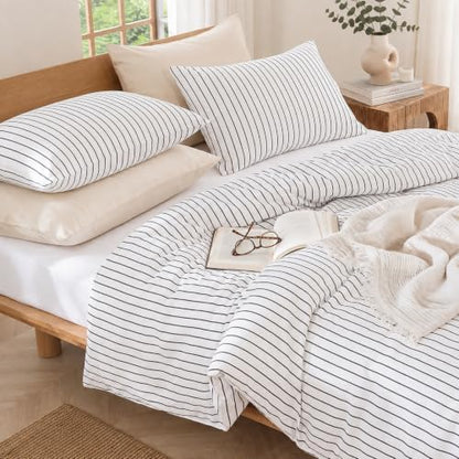 Bedbay Cotton Striped Duvet Cover Set King Size, Black White Stripe Bedding Set, 100% Cotton Sateen, Soft Smooth Breathable Minimal Hotel Set, 3 Pieces for All Seasons