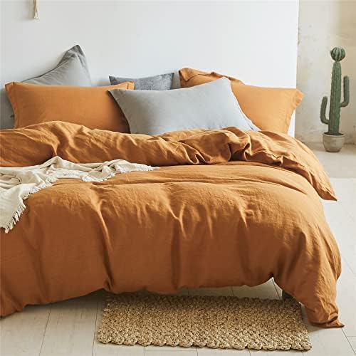 Simple&Opulence 100% Linen Duvet Cover Set 2pcs Basic Style Natural French Washed Flax Solid Color Soft Breathable Farmhouse Bedding with Button Closure - Rust, Twin