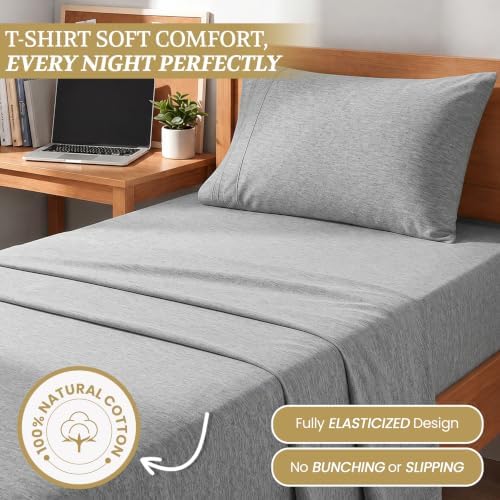 Twin XL Cotton Knit Jersey Sheet Set, 15" Deep Pocket, Light Heather Grey