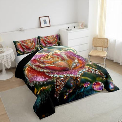 jejeloiu Glitter Rose Comforter Set Full Size Kids Rose Floral Flower Bedding Set for Boys Girls Teens Garden Flower Duvet Breathable Romantic Quilt Bedroom Decor,1 Comforter with 2 Pillowcase