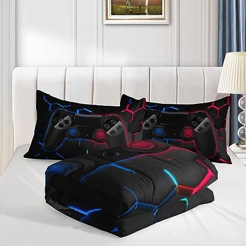 Axolotl Gamer Comforter Sets Full,Geometric Honeycomb Gaming Bedding Sets,Video Games Comforter,Gaming Bedding Set,Game Console Comforter Set for Kids Boys Girls Teens,1 Quilt 2 Pillowcases,Blue Red