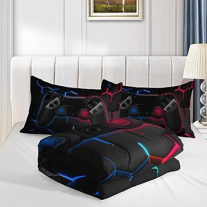 Axolotl Gamer Comforter Sets Full,Geometric Honeycomb Gaming Bedding Sets,Video Games Comforter,Gaming Bedding Set,Game Console Comforter Set for Kids Boys Girls Teens,1 Quilt 2 Pillowcases,Blue Red