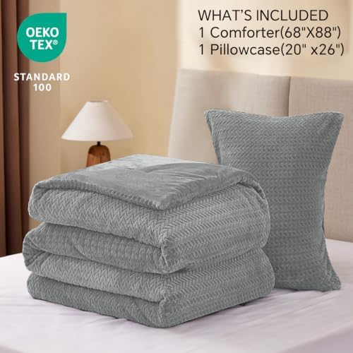 ChiXpace Fleece Twin Size Comforter Set Light Grey, Fluffy Bed Set 2 Pieces