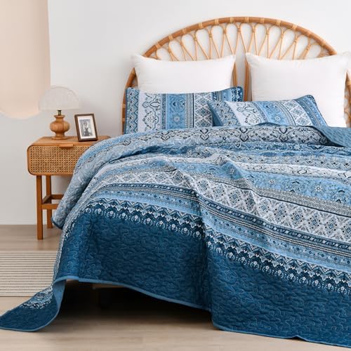 WONGS BEDDING Blue Quilt Queen Size,3 Pieces Bohemian Bedspread