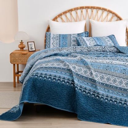 WONGS BEDDING Blue Quilt Queen Size,3 Pieces Bohemian Bedspread