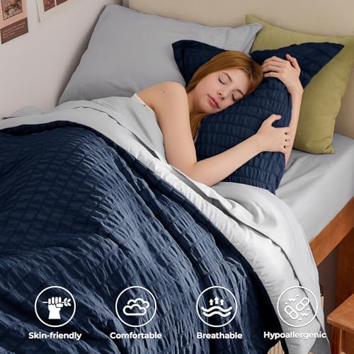 HYMOKEGE Navy Blue/Light Grey Twin XL Comforter Set Seersucker 5 Pieces, All Season Luxury Bed in a Bag for Bedroom, Bedding Set with Comforter, Sheets, Pillowcase & Sham
