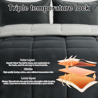 Fluffy Sherpa Cal King Comforter Set, Thick Bedding Set 3PC, Charcoal