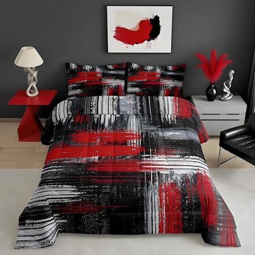 Feelyou Red Black and Grey Comforter Geometric Artistic Smear Comforter Set Abstract Graffiti Art Bedding Set Contemporary Modern Brush Design Duvet Set Room Decor Quilt Set Toddler Size