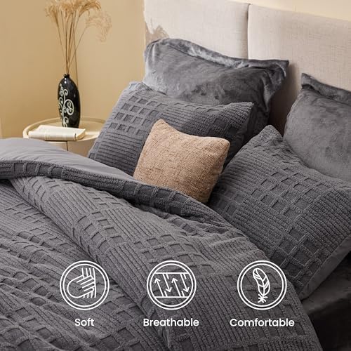 EXQ Home Waffle Comforter Set Queen Size, 3 Pieces Bed Set,Grey