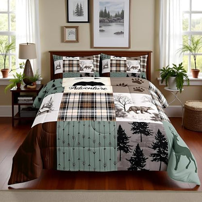 Rustic Farmhouse Kids Comforter Set King Size,Deer Antlers Bear Animal Paws Plaids Patchwork Bedding Set for Boys Girls Room Decor,Pine Trees Arrows Down Comforter,Xmas Duvet Insert,2 Pillowcases