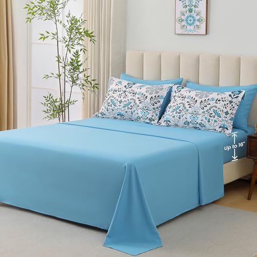 DHSFKBE Boho Comforter Set King - 7 Pieces Bed in a Bag Floral Design, Bohemian Comforter Set with Sheets, Soft Microfiber Complete Bedding Sets All Season (Light Blue, King)