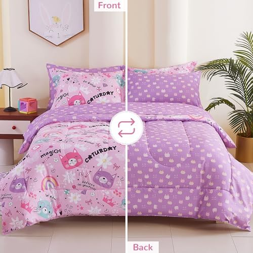 Viviland Kids Full Bedding Sets, Girls Comforter, Pink Cat
