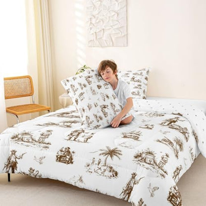 Coastal Pirate Ship Comforter Set King Size,Beach Tripical Palm Tree Bedding Sets 3Pcs Teens Adult Men Room Decor,Sailing Boat Seagull Quilted Duvet Retro Sketch Brown Down Comforter,2 Pillowcases
