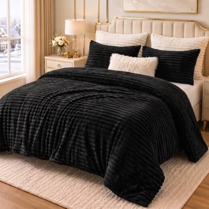 CozyLux Fleece Oversized Queen Comforter Sets, 3 Piece Warm Black Bedding