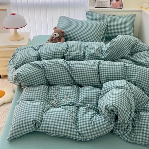 LifeTB Green Gingham Comforter Set King 3 Pieces Plaid Checkered Pattern Comforter Green Blue Grid Bed Comforter Set with 2 Pillowcases Fluffy Soft Checkered Comforter Grid Farmhouse Bedding Set