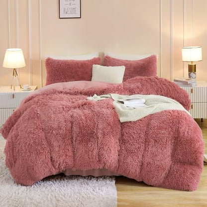 Andency Old Pink Queen Comforter Set, Fluffy Faux Fur Warm Bedding Set