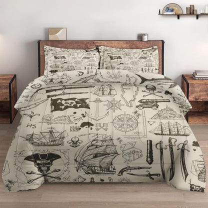 Pamnest Comforter Set King Size, Pirate Vintage Skull Soft 3 Pcs Bedding for Kids and Adults, Nautical Sea Retro Comforter Set with 2 Pillowcases, for Bedroom Bed Decor