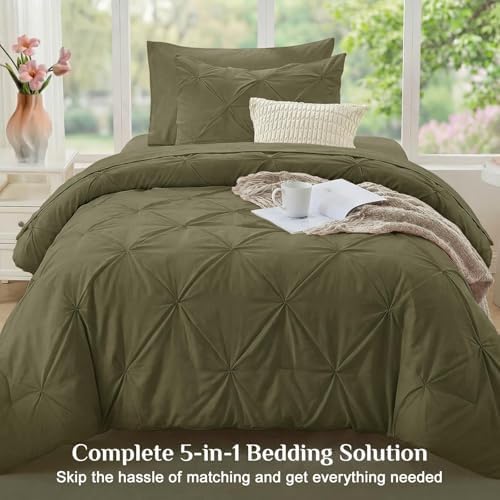 JOLLYVOGUE Twin Comforter Set 5 Pieces - Bed in a Bag Twin for All Season, Pintuck Bedding Comforter Sets with Comforter, Flat Sheet, Fitted Sheet and Pillowcases & Shams, Olive Green