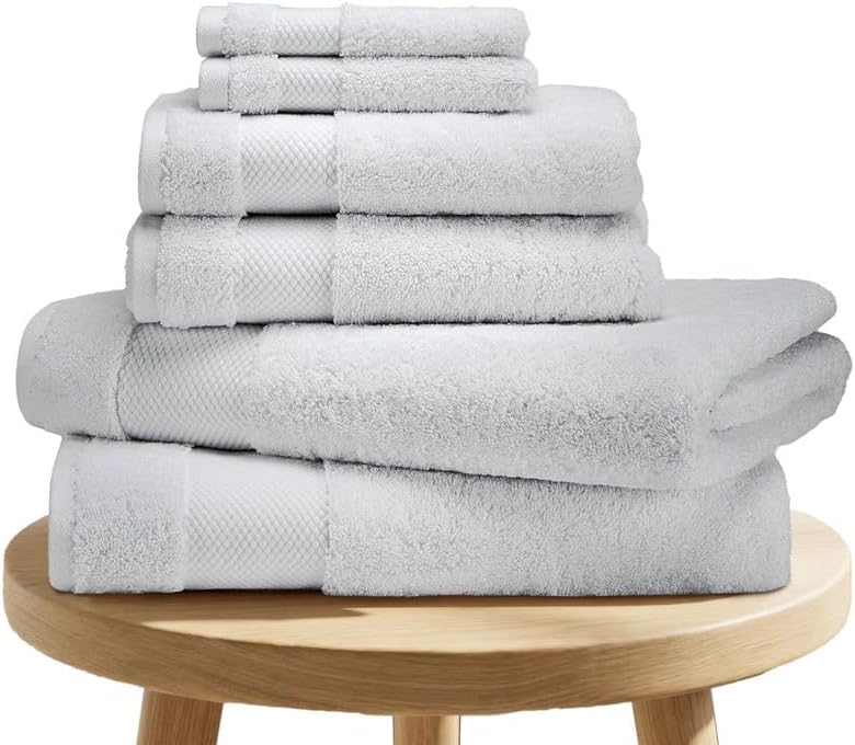 BIOWEAVES 100% Organic Cotton 6-Piece Luxury Bathroom Towels Set GOTS Certified 700 GSM, 2 Bath Towels, 2 Hand Towels & 2 Wash Cloths - Silver